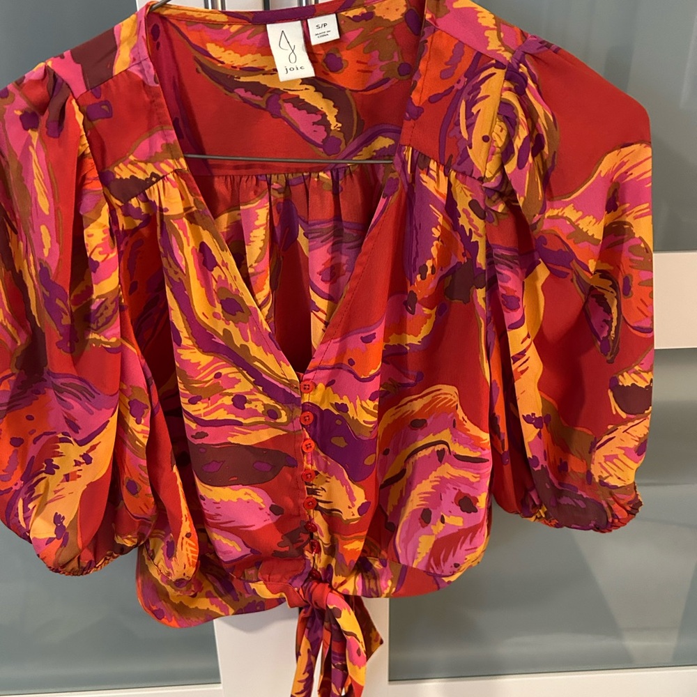 Joie Small/P Crop Tie Multicolor Abstract Blouse Boho NWOT